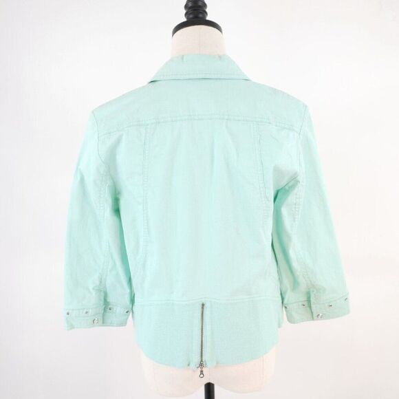 Chico's Size 1 Seafoam Green Full Zip Collared Jacket Waist Fitted Cotton Pocket - Picture 6 of 10